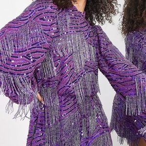 ASOS EDITION beaded fringe and sequin mini dress with blouson sleeves in purple